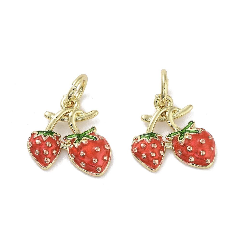 3221 10 pcs Red Strawberry Enamel Brass Charms Cute Mini Fruit Food Shaped